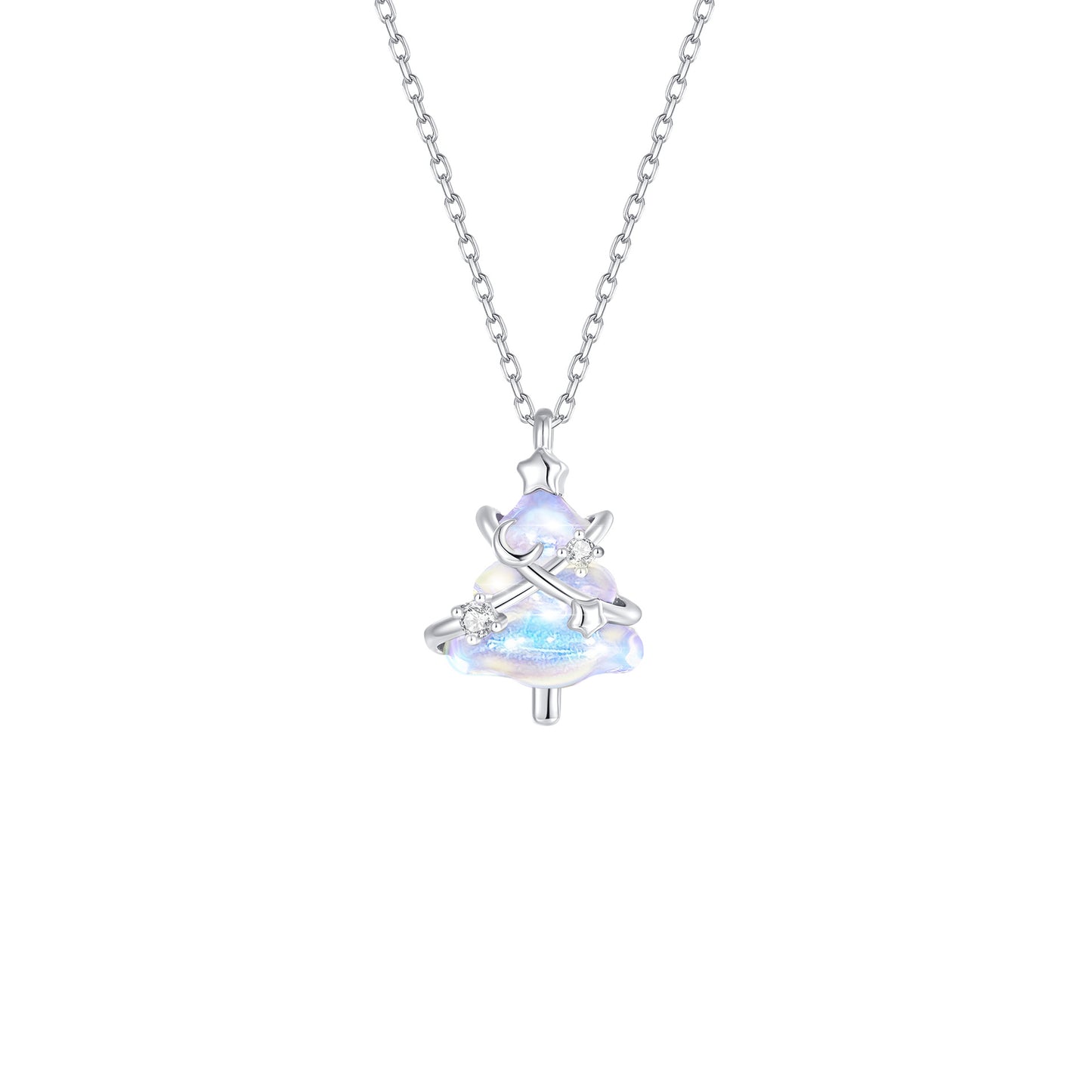Christmas Tree Star Zircon Silver Necklace - White