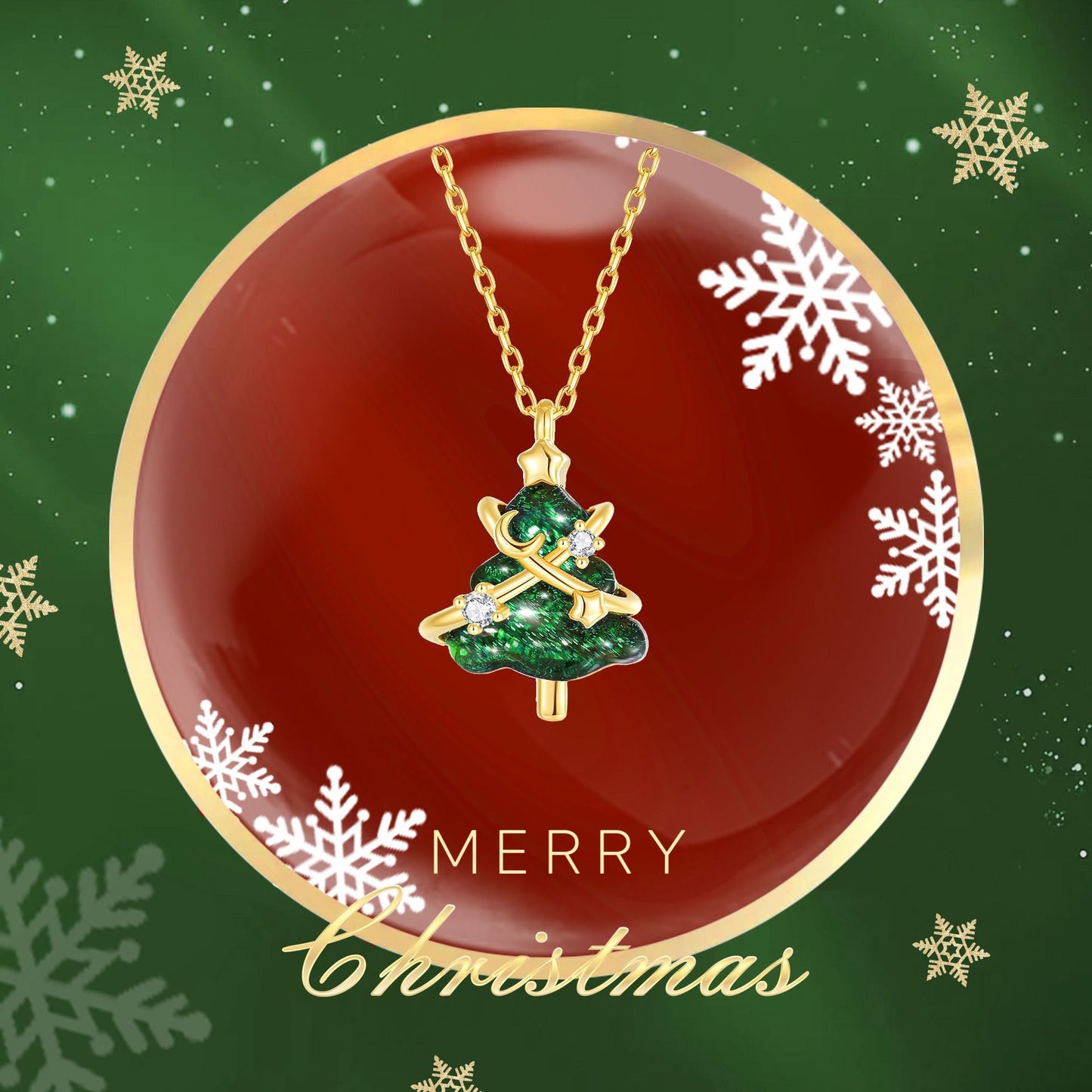 Christmas Tree Star Zircon Silver Necklace - Green