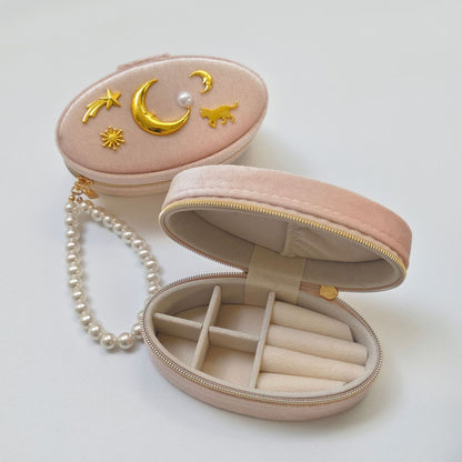 Vintage Moon Velvet Pearl Chain Zipper Jewelry Box