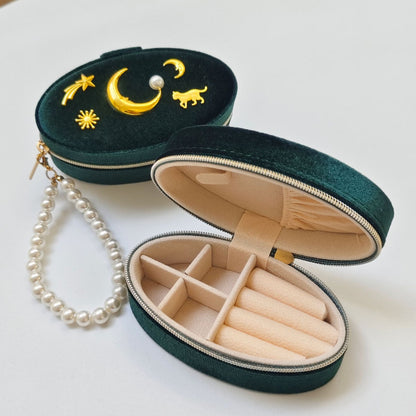 Vintage Moon Velvet Pearl Chain Zipper Jewelry Box