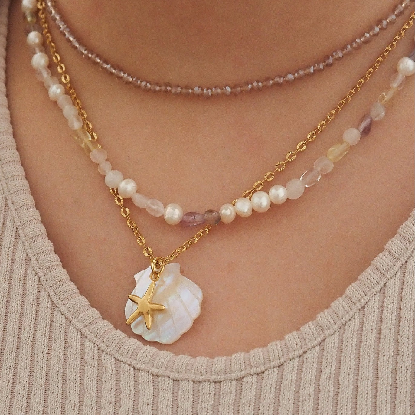 Beach starfish necklace conch pendant shell diy necklace stainless steel necklace