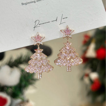 Pink Christmas Tree Star Earrings