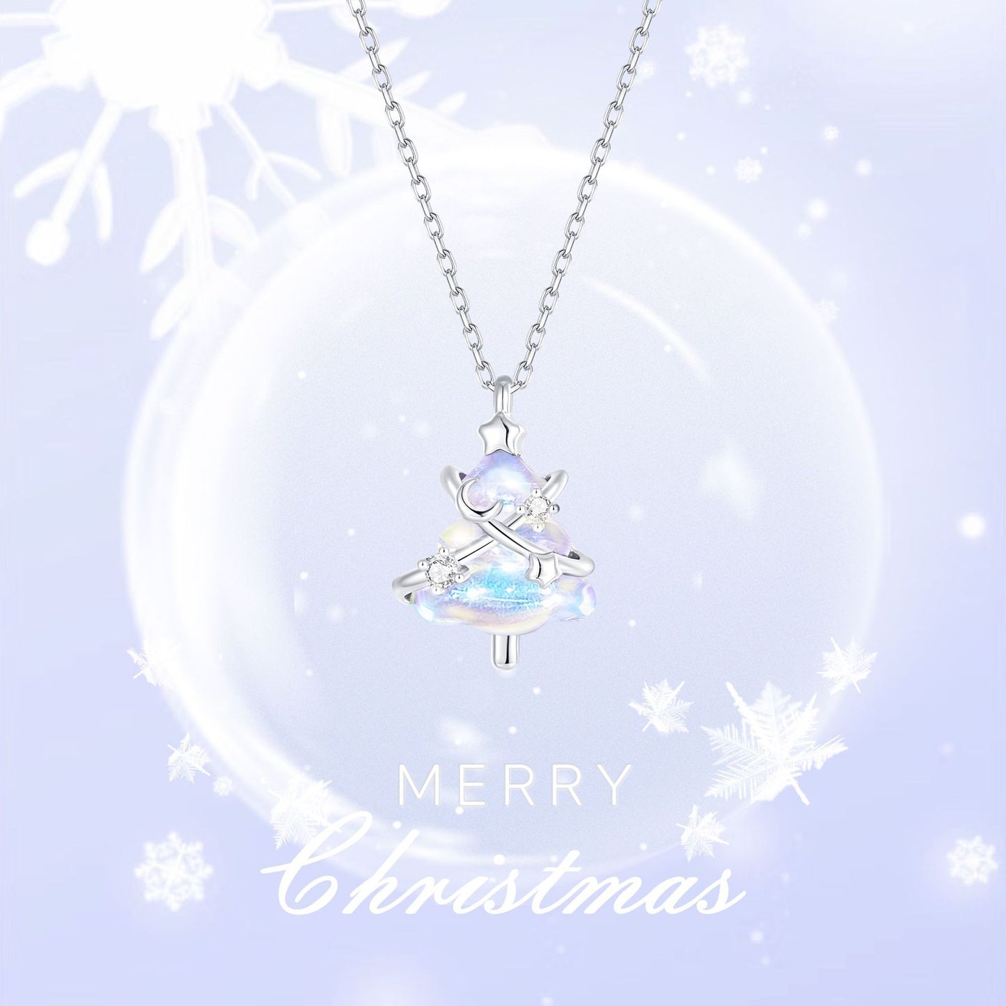 Christmas Tree Star Zircon Silver Necklace - White