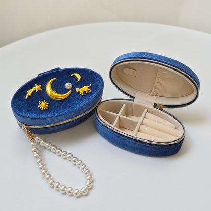 Vintage Moon Velvet Pearl Chain Zipper Jewelry Box