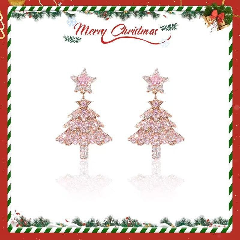 Pink Christmas Tree Star Earrings