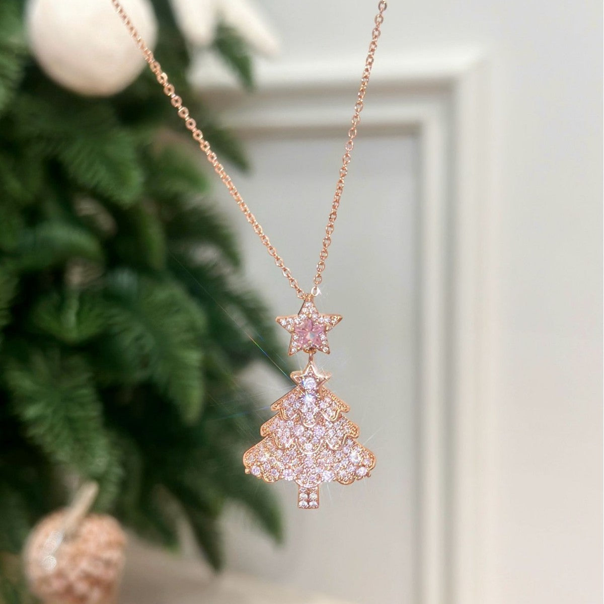 Women's Pink Zircon Christmas Tree Necklace Sweater Chain