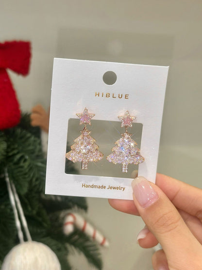 Pink Christmas Tree Star Earrings
