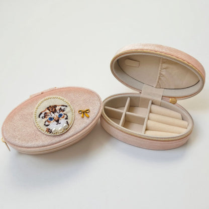 Vintage Velvet Pearl Puppy & Kitten Jewelry Box