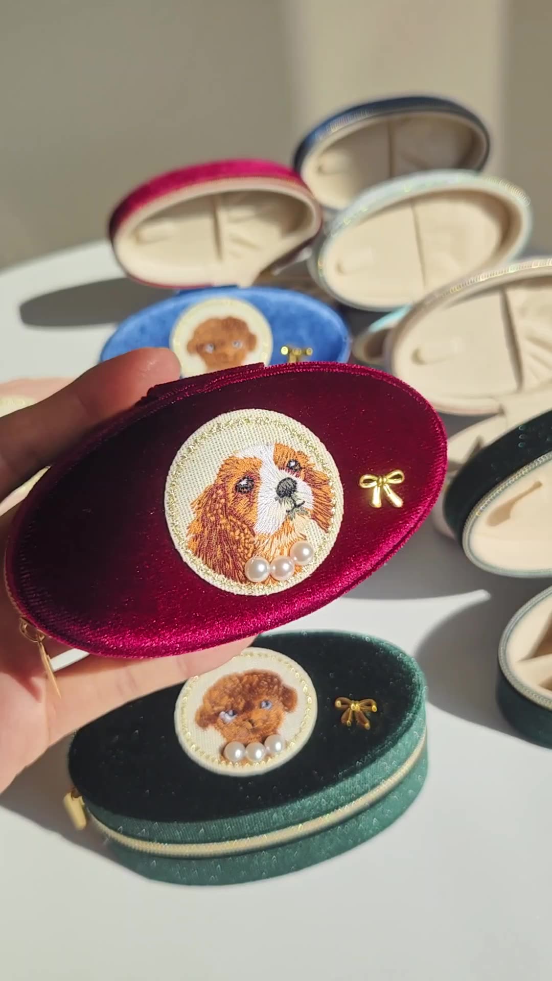 Vintage Velvet Pearl Puppy & Kitten Jewelry Box