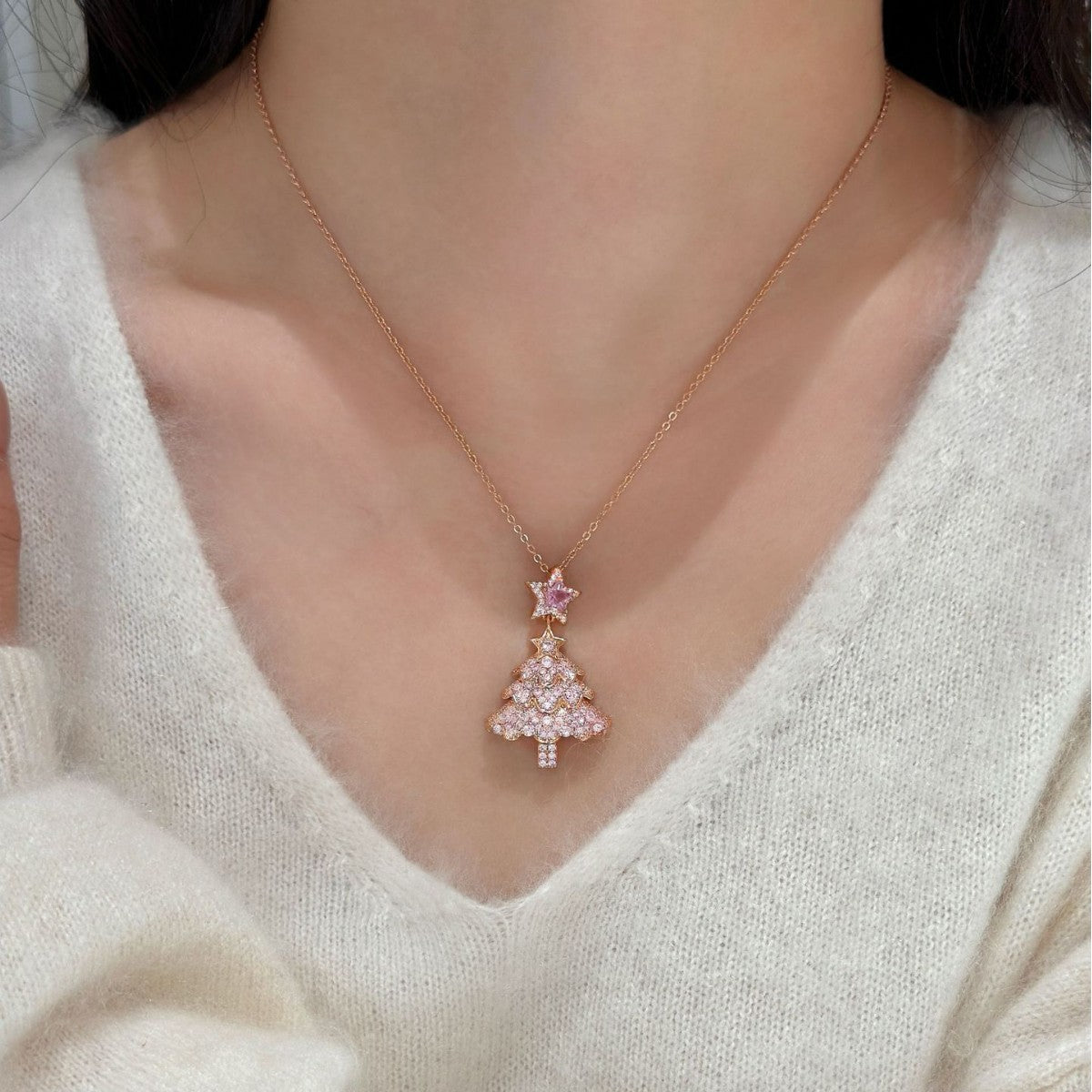 Women's Pink Zircon Christmas Tree Necklace Sweater Chain