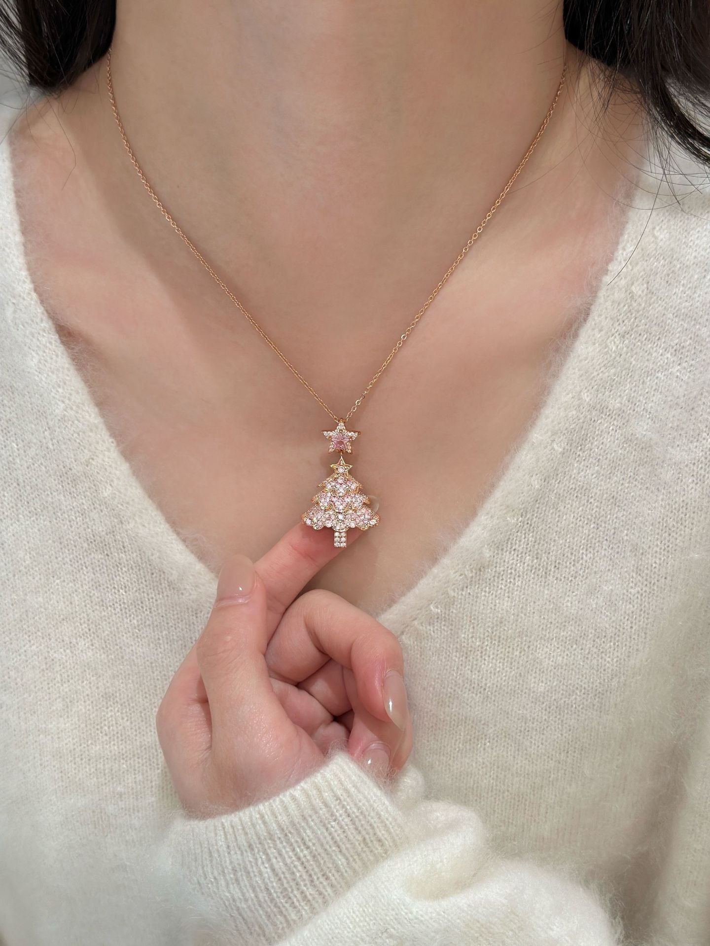 Women's Pink Zircon Christmas Tree Necklace Sweater Chain