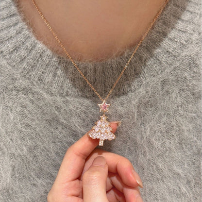 Women's Pink Zircon Christmas Tree Necklace Sweater Chain