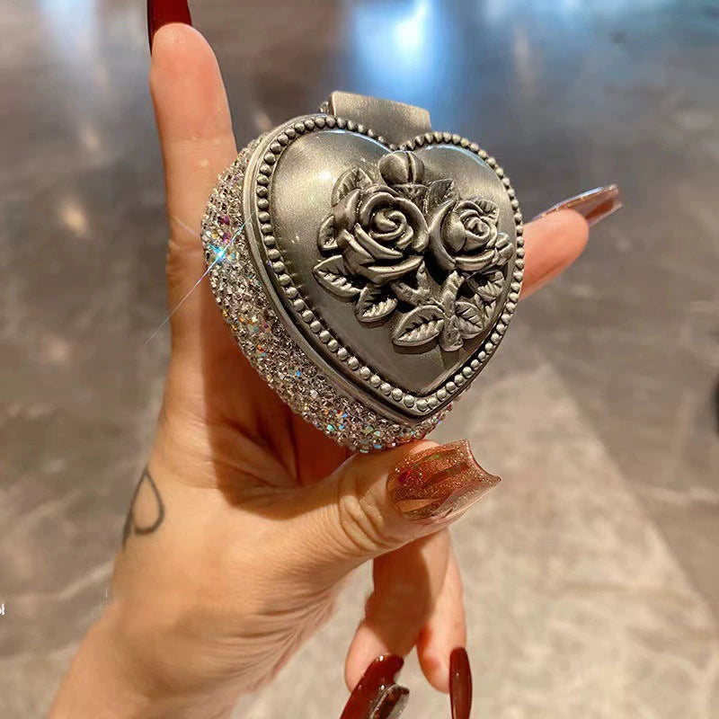 Luxury Diamond-Studded Mini Metal Flower Heart-Shaped Jewelry Box
