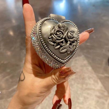 Luxury Diamond-Studded Mini Metal Flower Heart-Shaped Jewelry Box