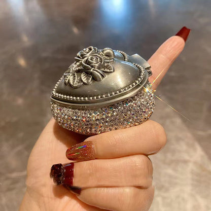 Luxury Diamond-Studded Mini Metal Flower Heart-Shaped Jewelry Box