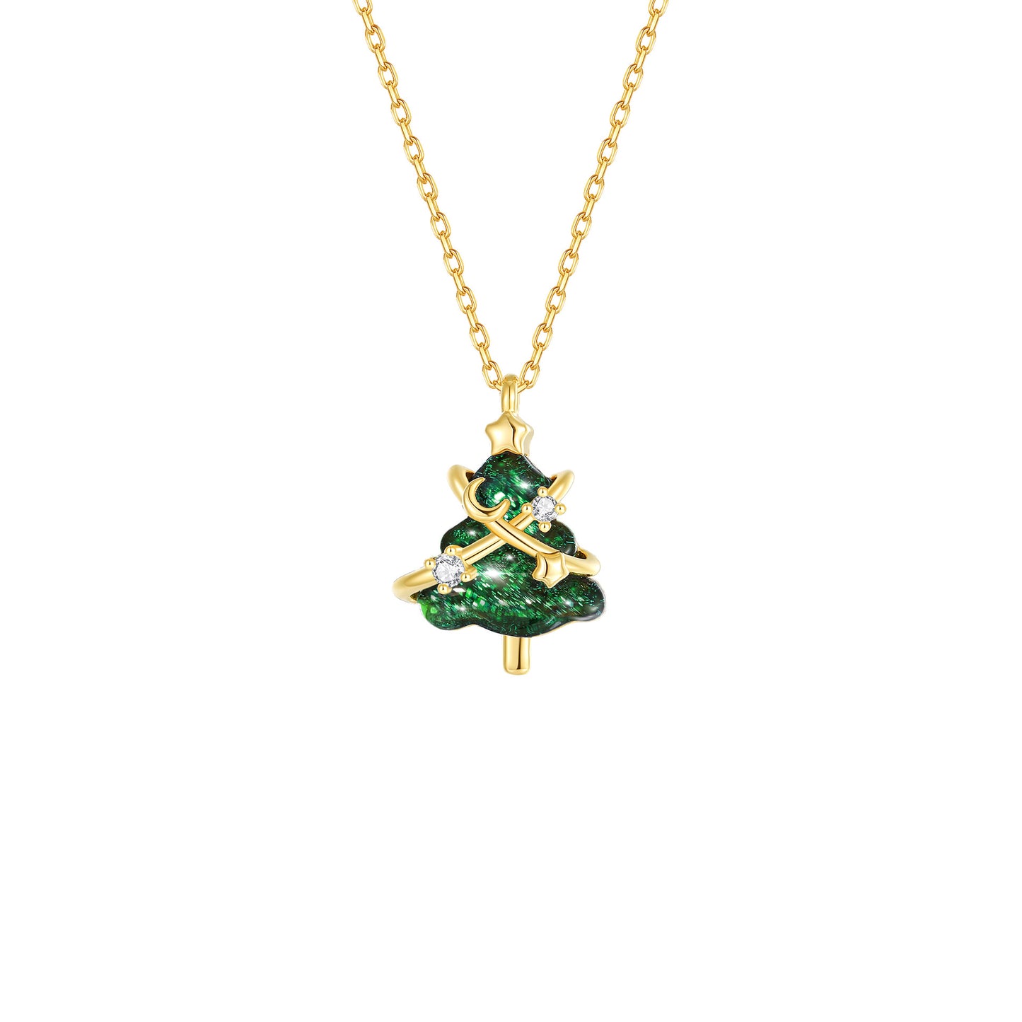 Christmas Tree Star Zircon Silver Necklace - Green