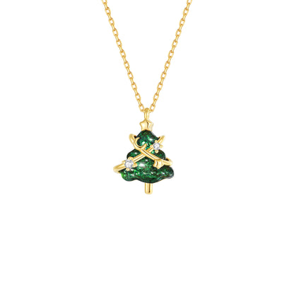 Christmas Tree Star Zircon Silver Necklace - Green
