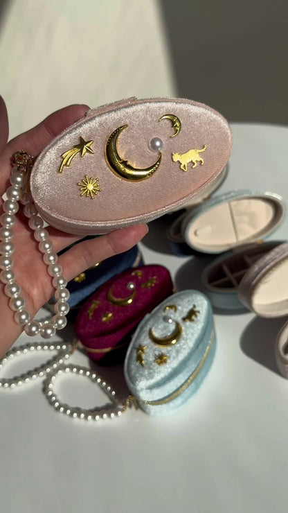 Vintage Moon Velvet Pearl Chain Zipper Jewelry Box