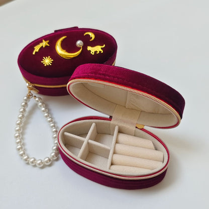 Vintage Moon Velvet Pearl Chain Zipper Jewelry Box